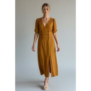NWOT Avenue Zoe Minimalist Cotton Midi Slit Dress Summer Spring Mustard Small